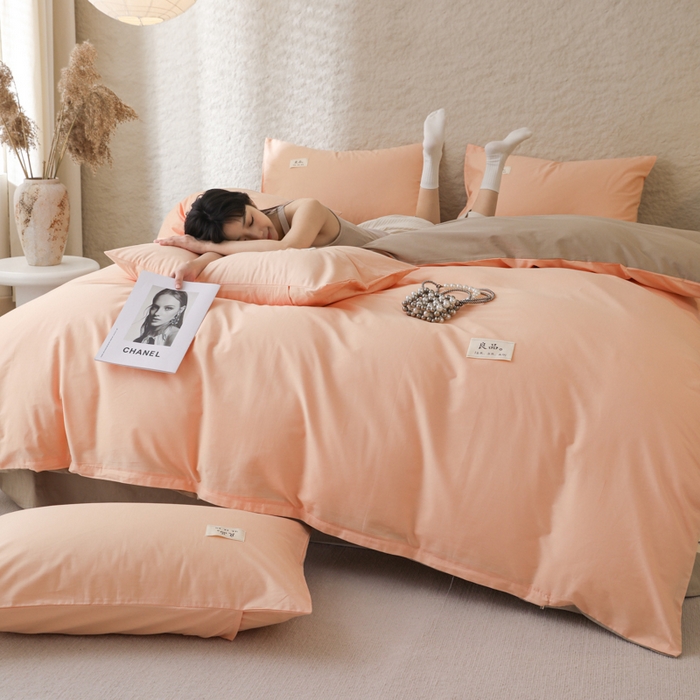 91家纺网 家纺一手货源 找家纺 眠博士 2026新款轻奢简约全棉40支拼色四件套 全棉拼色-橘色+杏色