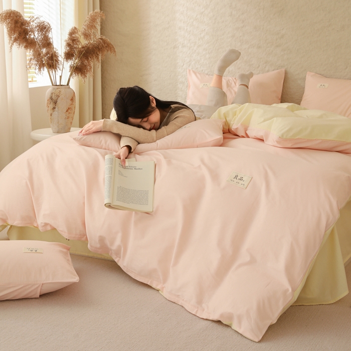 91家纺网 家纺一手货源 找家纺 眠博士 2026新款轻奢简约全棉40支拼色四件套 全棉拼色-浅粉+浅黄