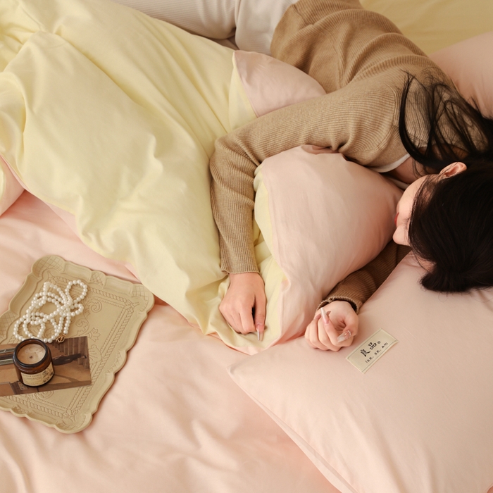 91家纺网 家纺一手货源 找家纺 眠博士 2026新款轻奢简约全棉40支拼色四件套 全棉拼色-浅粉+浅黄