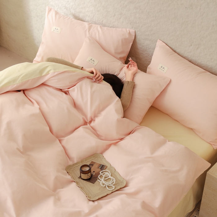 91家纺网 家纺一手货源 找家纺 眠博士 2026新款轻奢简约全棉40支拼色四件套 全棉拼色-浅粉+浅黄