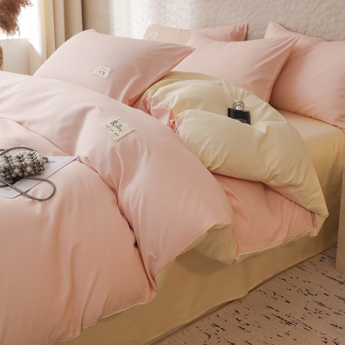 91家纺网 家纺一手货源 找家纺 眠博士 2026新款轻奢简约全棉40支拼色四件套 全棉拼色-浅粉+浅黄