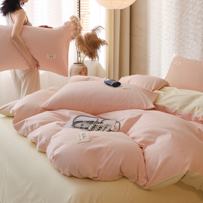 91家纺网 家纺一手货源 找家纺 眠博士 2026新款轻奢简约全棉40支拼色四件套 全棉拼色-浅粉+浅黄