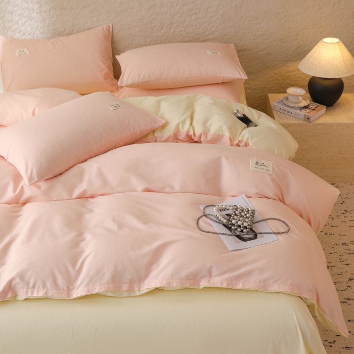91家纺网 家纺一手货源 找家纺 眠博士 2026新款轻奢简约全棉40支拼色四件套 全棉拼色-浅粉+浅黄