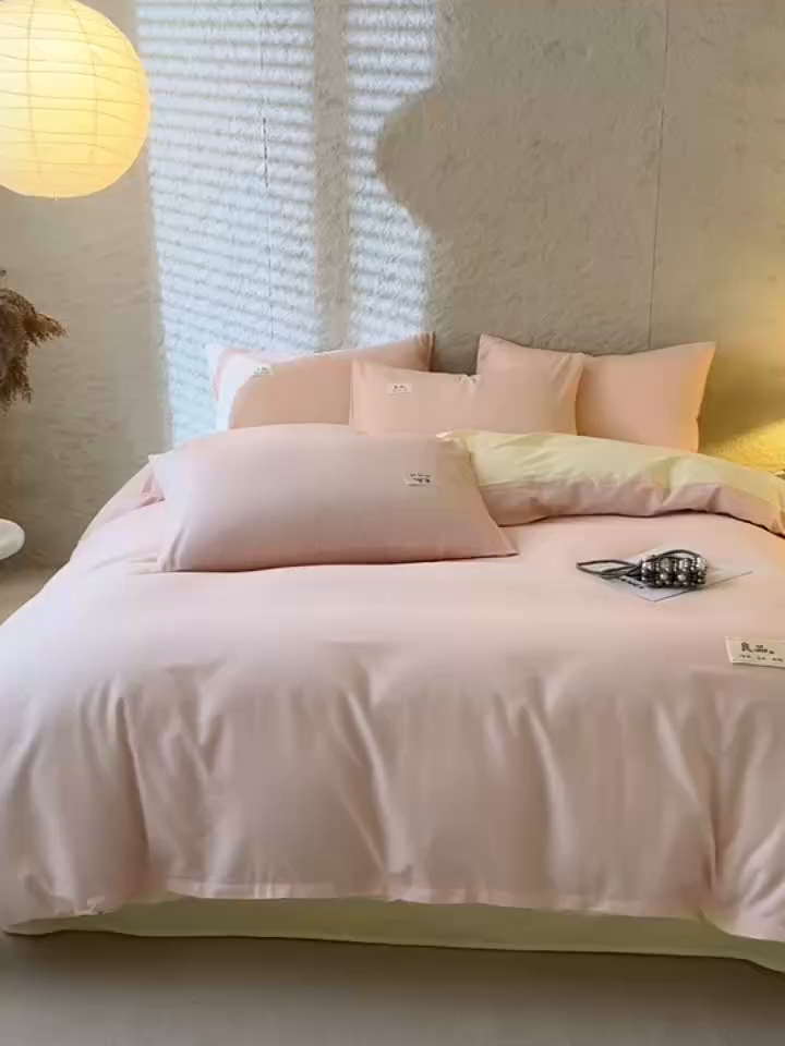 91家纺网 家纺一手货源 找家纺 眠博士 2026新款轻奢简约全棉40支拼色四件套 全棉拼色-浅粉+浅黄