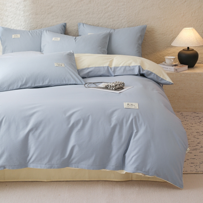 91家纺网 家纺一手货源 找家纺 眠博士 2026新款轻奢简约全棉40支拼色四件套 全棉拼色-浅蓝+浅黄