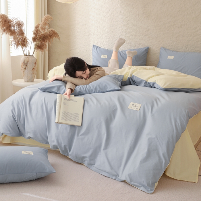 91家纺网 家纺一手货源 找家纺 眠博士 2026新款轻奢简约全棉40支拼色四件套 全棉拼色-浅蓝+浅黄