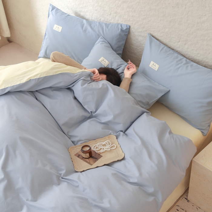 91家纺网 家纺一手货源 找家纺 眠博士 2026新款轻奢简约全棉40支拼色四件套 全棉拼色-浅蓝+浅黄