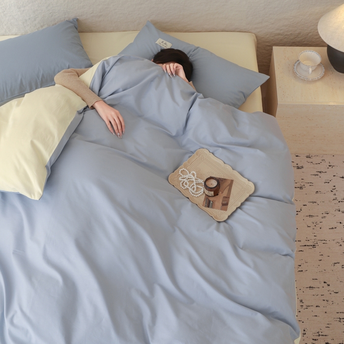 91家纺网 家纺一手货源 找家纺 眠博士 2026新款轻奢简约全棉40支拼色四件套 全棉拼色-浅蓝+浅黄