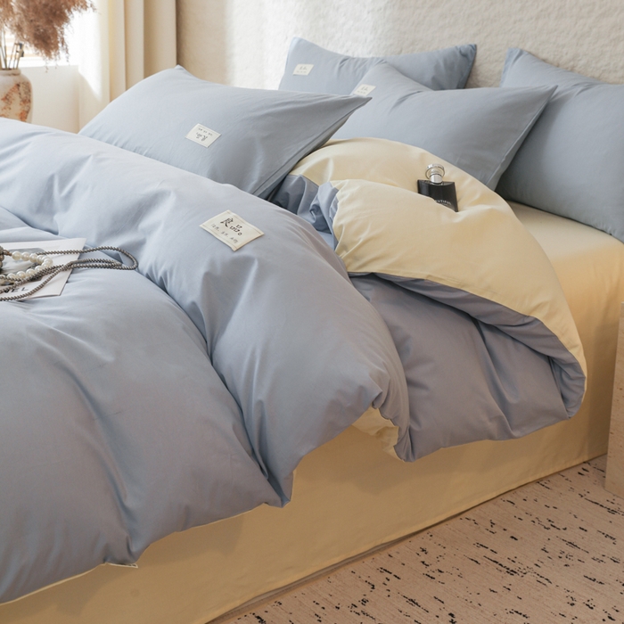 91家纺网 家纺一手货源 找家纺 眠博士 2026新款轻奢简约全棉40支拼色四件套 全棉拼色-浅蓝+浅黄