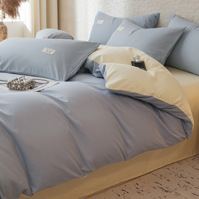 91家纺网 家纺一手货源 找家纺 眠博士 2026新款轻奢简约全棉40支拼色四件套 全棉拼色-浅蓝+浅黄