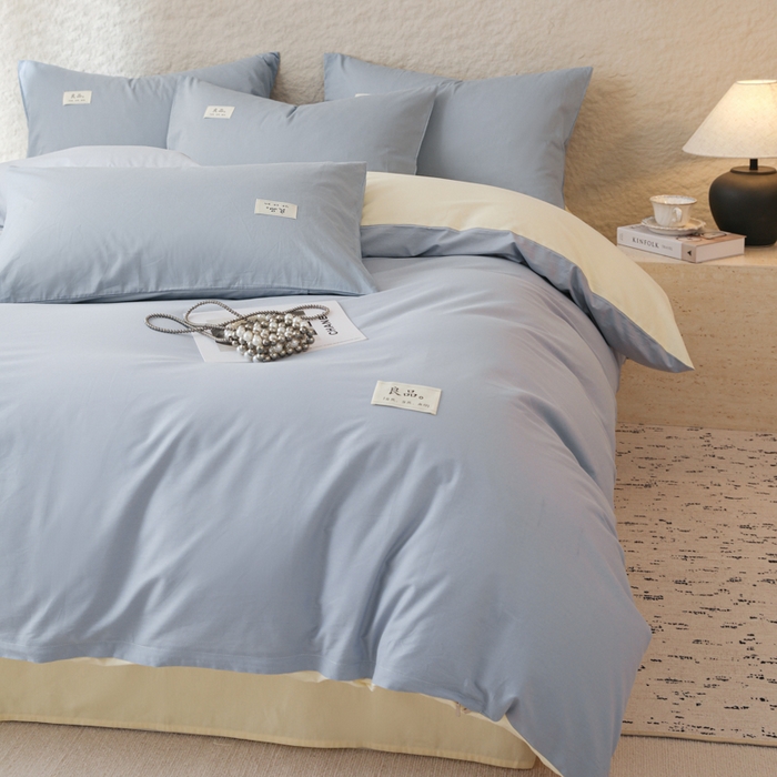 91家纺网 家纺一手货源 找家纺 眠博士 2026新款轻奢简约全棉40支拼色四件套 全棉拼色-浅蓝+浅黄