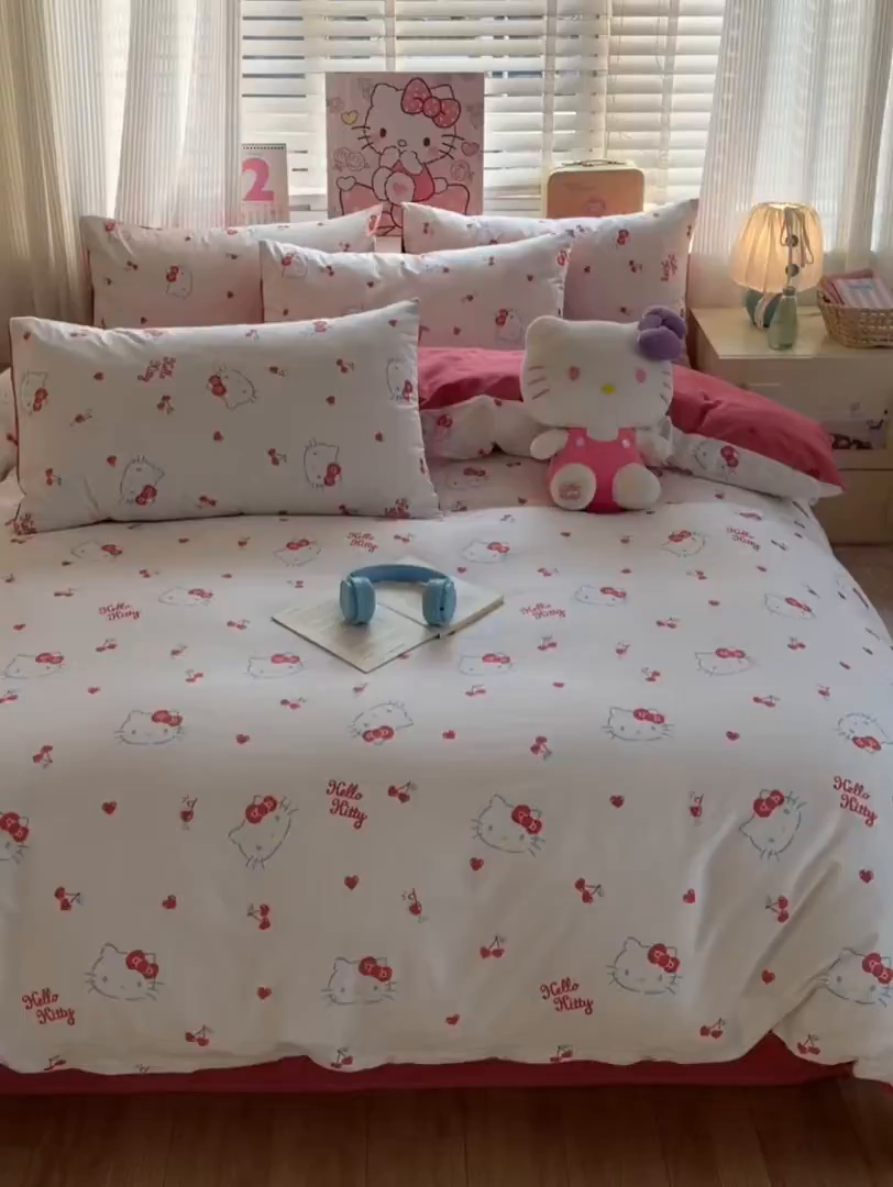 91家纺网 家纺一手货源 找家纺 曼之夏 2026新款全棉三丽鸥正版授权卡通四件套 樱桃凯蒂