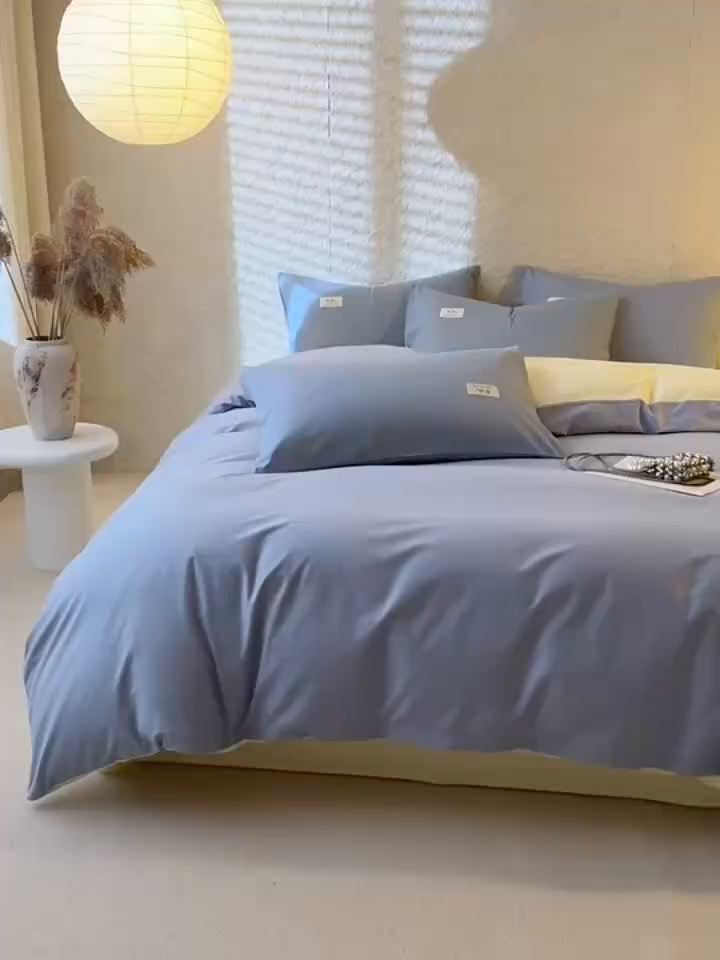 91家纺网 家纺一手货源 找家纺 眠博士 2026新款轻奢简约全棉40支拼色四件套 全棉拼色-浅蓝+浅黄