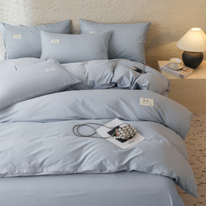 91家纺网 家纺一手货源 找家纺 眠博士 2026新款轻奢简约全棉40支拼色四件套 全棉拼色-浅蓝色