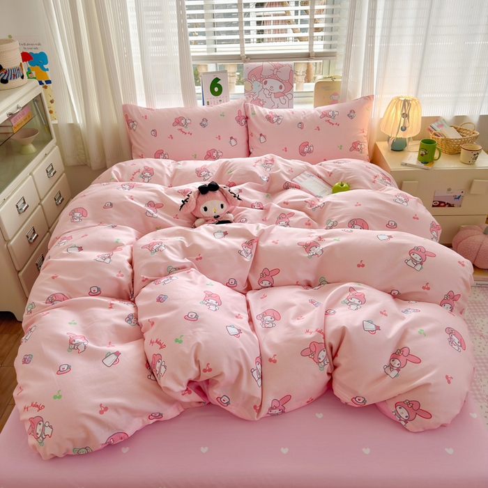 91家纺网 家纺一手货源 找家纺 曼之夏 2026新款全棉三丽鸥正版授权卡通四件套 元气美乐蒂