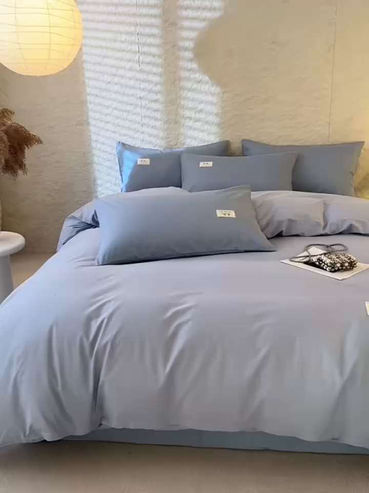 91家纺网 家纺一手货源 找家纺 眠博士 2026新款轻奢简约全棉40支拼色四件套 全棉拼色-浅蓝色