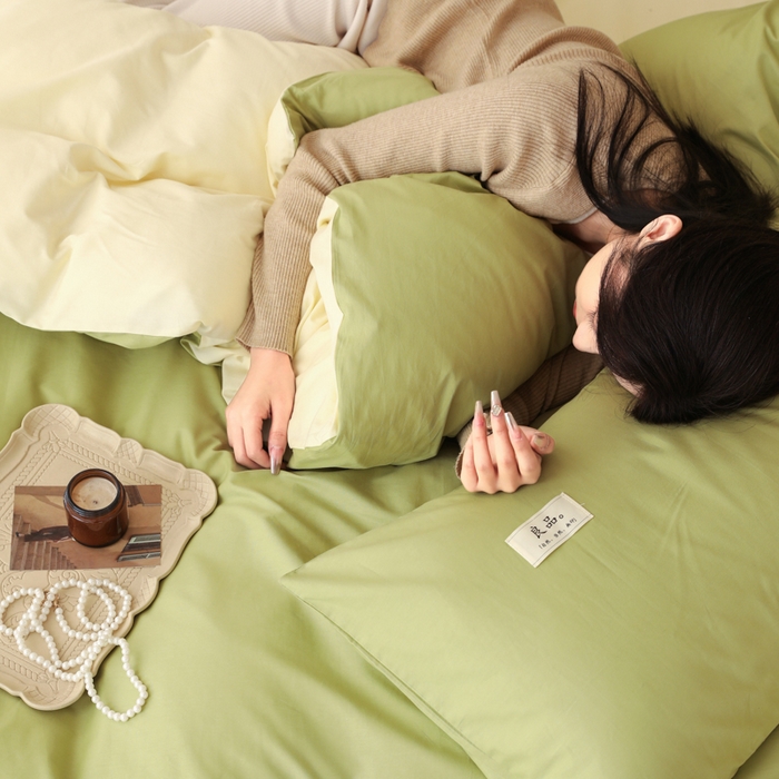 91家纺网 家纺一手货源 找家纺 眠博士 2026新款轻奢简约全棉40支拼色四件套 全棉拼色-浅绿+浅黄