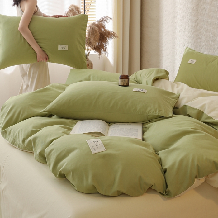 91家纺网 家纺一手货源 找家纺 眠博士 2026新款轻奢简约全棉40支拼色四件套 全棉拼色-浅绿+浅黄