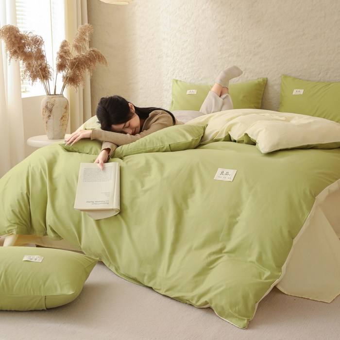 91家纺网 家纺一手货源 找家纺 眠博士 2026新款轻奢简约全棉40支拼色四件套 全棉拼色-浅绿+浅黄