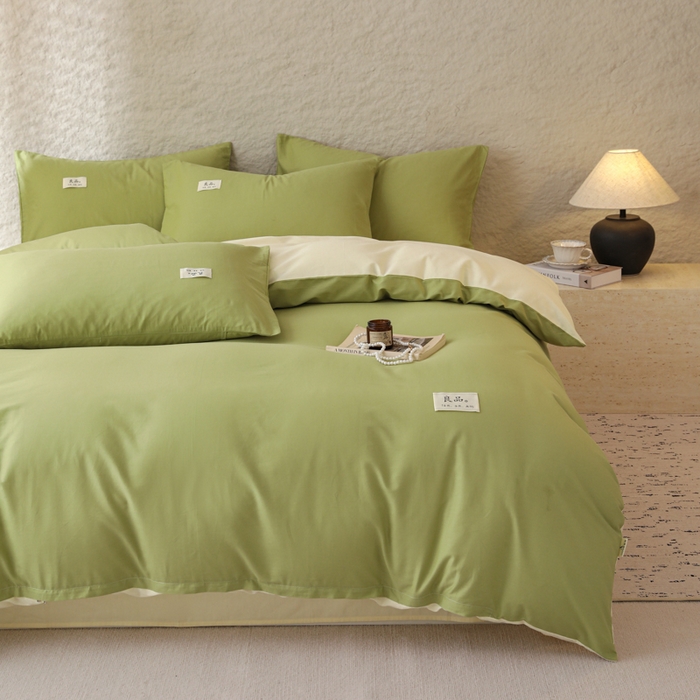 91家纺网 家纺一手货源 找家纺 眠博士 2026新款轻奢简约全棉40支拼色四件套 全棉拼色-浅绿+浅黄