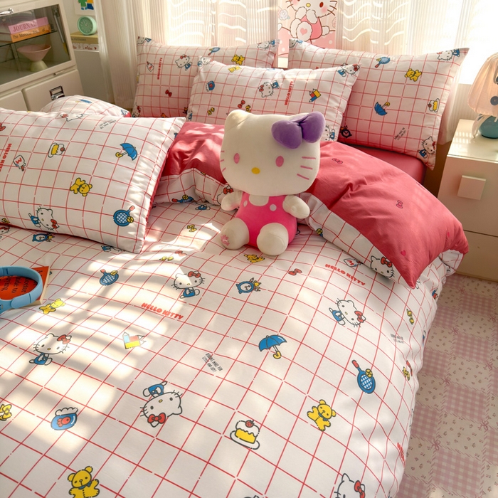 91家纺网 家纺一手货源 找家纺 曼之夏 2026新款全棉三丽鸥正版授权卡通四件套 运动凯蒂