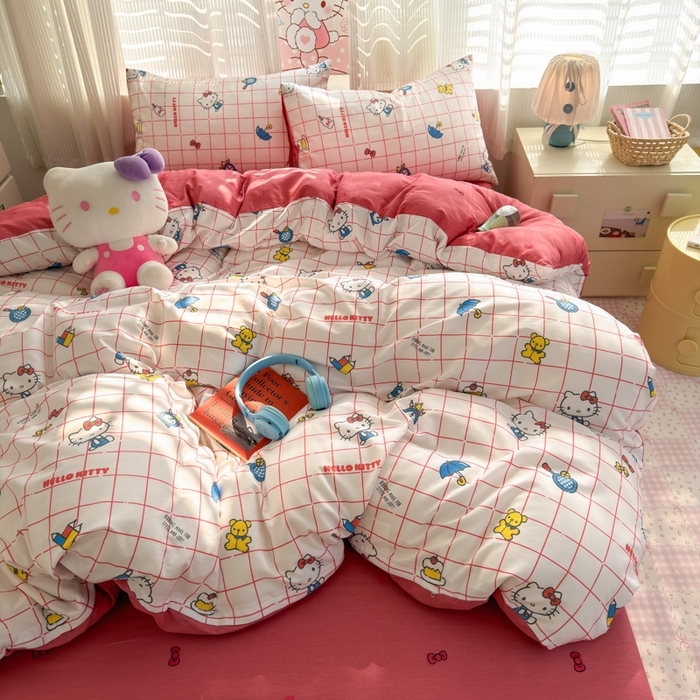 91家纺网 家纺一手货源 找家纺 曼之夏 2026新款全棉三丽鸥正版授权卡通四件套 运动凯蒂