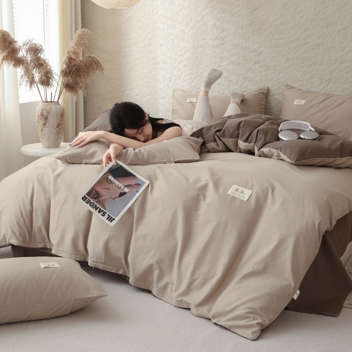 91家纺网 家纺一手货源 找家纺 眠博士 2026新款轻奢简约全棉40支拼色四件套 全棉拼色-杏色+春泥