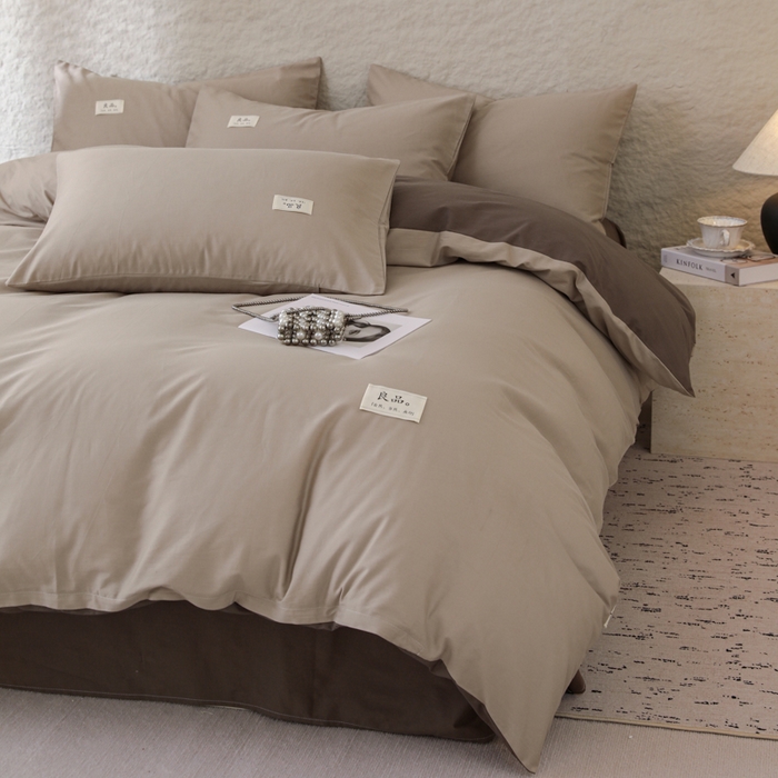 91家纺网 家纺一手货源 找家纺 眠博士 2026新款轻奢简约全棉40支拼色四件套 全棉拼色-杏色+春泥