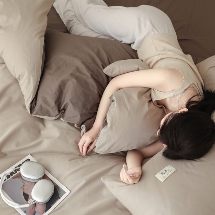 91家纺网 家纺一手货源 找家纺 眠博士 2026新款轻奢简约全棉40支拼色四件套 全棉拼色-杏色+春泥