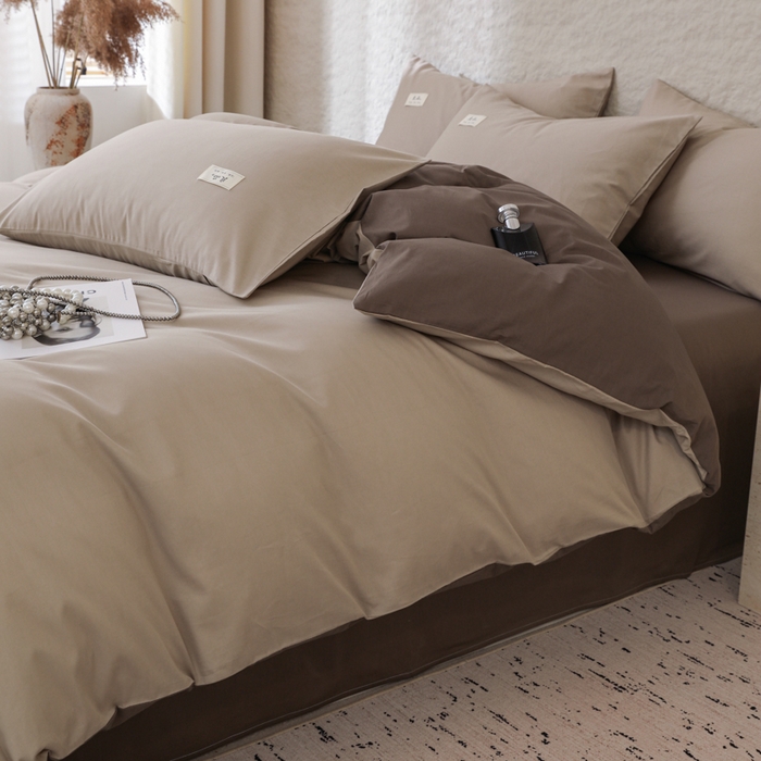 91家纺网 家纺一手货源 找家纺 眠博士 2026新款轻奢简约全棉40支拼色四件套 全棉拼色-杏色+春泥