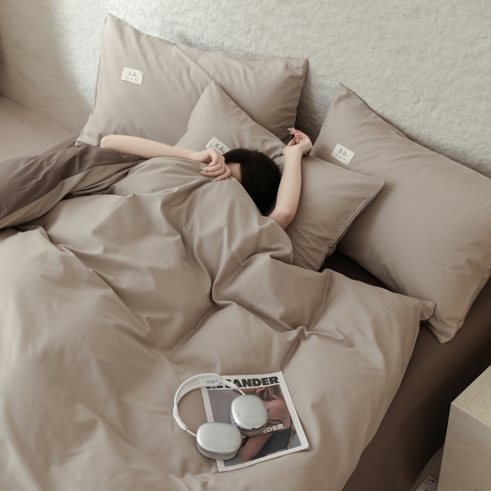 91家纺网 家纺一手货源 找家纺 眠博士 2026新款轻奢简约全棉40支拼色四件套 全棉拼色-杏色+春泥