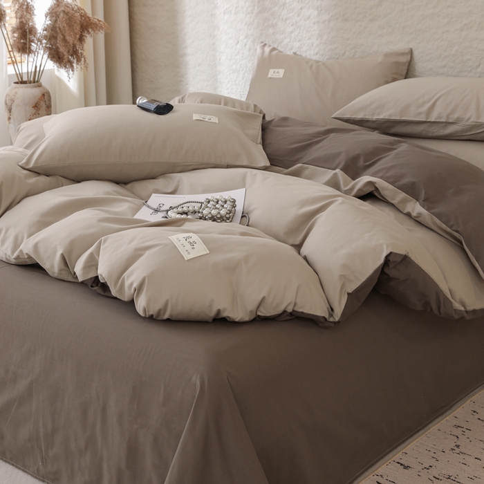 91家纺网 家纺一手货源 找家纺 眠博士 2026新款轻奢简约全棉40支拼色四件套 全棉拼色-杏色+春泥