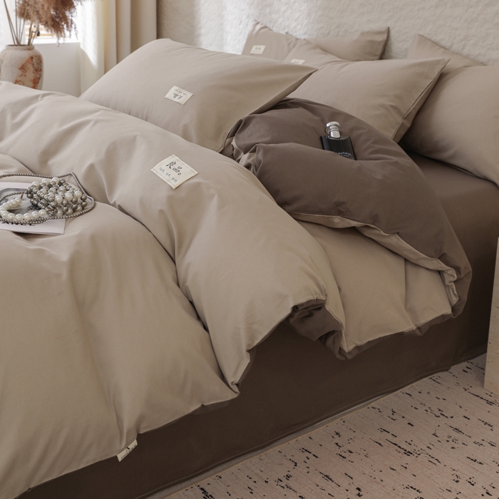 91家纺网 家纺一手货源 找家纺 眠博士 2026新款轻奢简约全棉40支拼色四件套 全棉拼色-杏色+春泥