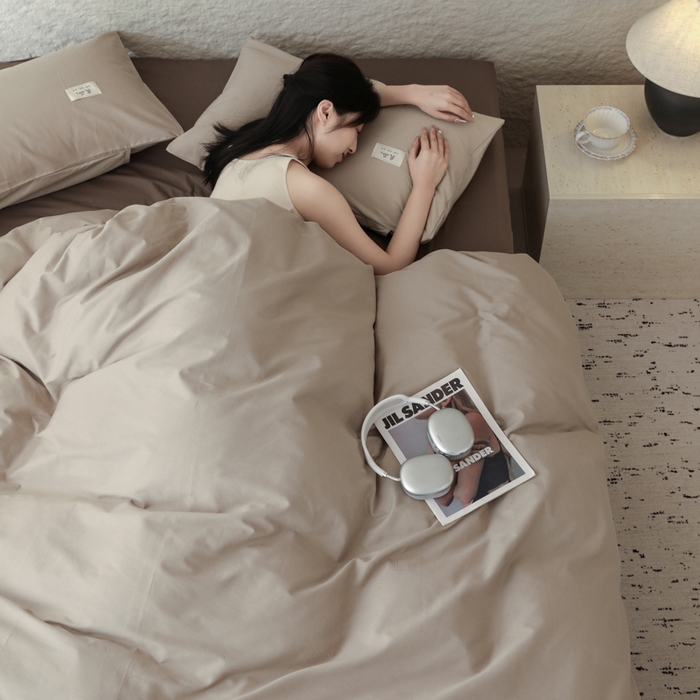 91家纺网 家纺一手货源 找家纺 眠博士 2026新款轻奢简约全棉40支拼色四件套 全棉拼色-杏色+春泥