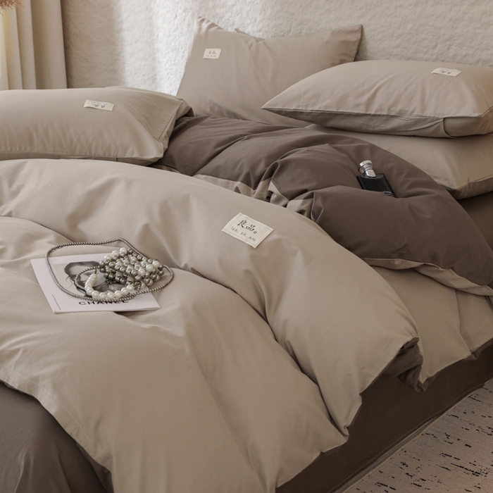 91家纺网 家纺一手货源 找家纺 眠博士 2026新款轻奢简约全棉40支拼色四件套 全棉拼色-杏色+春泥