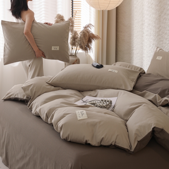 91家纺网 家纺一手货源 找家纺 眠博士 2026新款轻奢简约全棉40支拼色四件套 全棉拼色-杏色+春泥