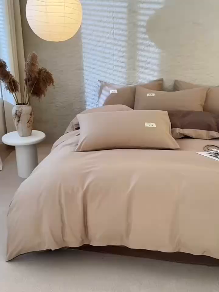 91家纺网 家纺一手货源 找家纺 眠博士 2026新款轻奢简约全棉40支拼色四件套 全棉拼色-杏色+春泥