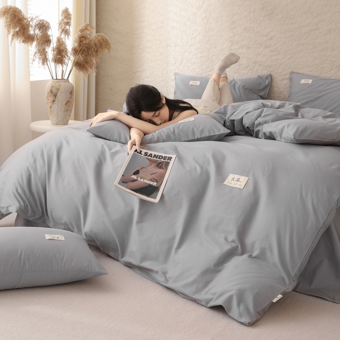 91家纺网 家纺一手货源 找家纺 眠博士 2026新款轻奢简约全棉40支拼色四件套 全棉拼色-银灰色