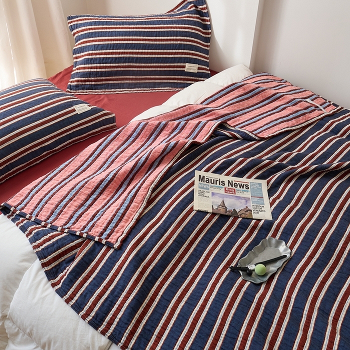 91家纺网 家纺一手货源 找家纺 （总）沐瑟家纺 2026新款A类全棉三层色织提花纱布日系纱布枕巾-彩条