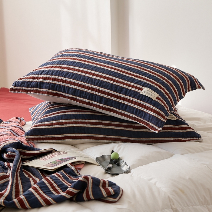 91家纺网 家纺一手货源 找家纺 （总）沐瑟家纺 2026新款A类全棉三层色织提花纱布日系纱布枕巾-彩条