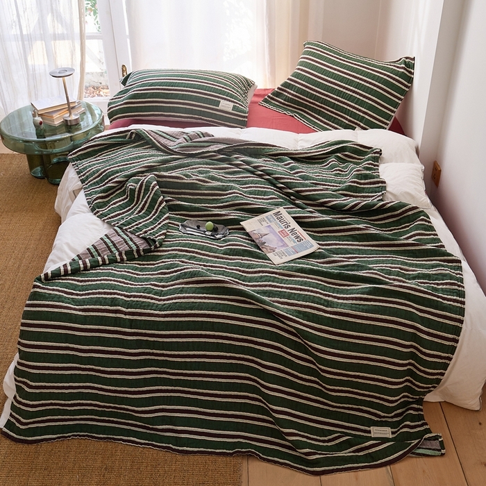 91家纺网 家纺一手货源 找家纺 沐瑟家纺 2026新款A类全棉三层色织提花纱布日系纱布枕巾-彩条 彩条-红绿