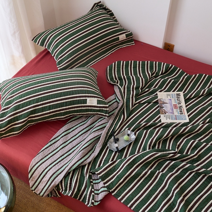 91家纺网 家纺一手货源 找家纺 沐瑟家纺 2026新款A类全棉三层色织提花纱布日系纱布枕巾-彩条 彩条-红绿