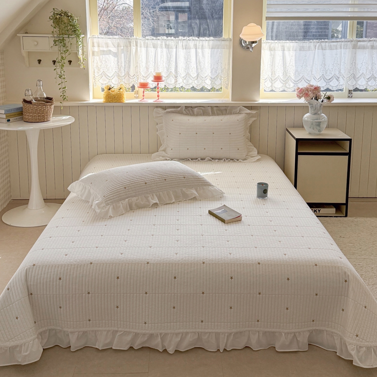 91家纺网 家纺一手货源 找家纺 琳可家居 2026新款双面60S全棉水洗棉刺绣床盖三件套可搭配同款夏被A类-星空间系列 星空间-浅咖