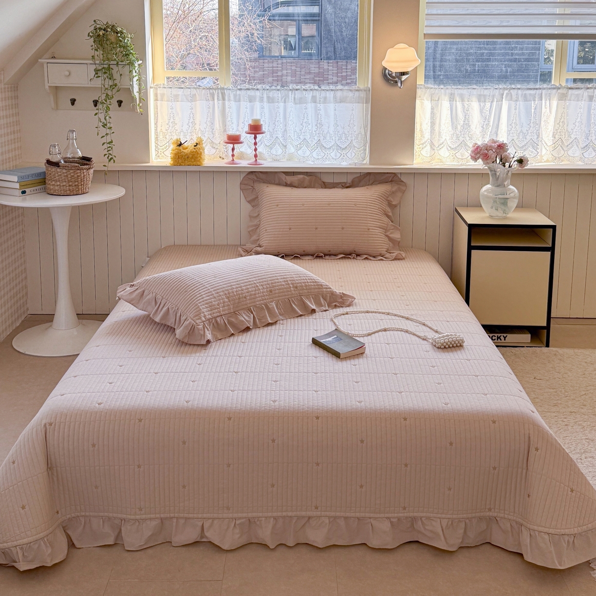 91家纺网 家纺一手货源 找家纺 琳可家居 2026新款双面60S全棉水洗棉刺绣床盖三件套可搭配同款夏被A类-星空间系列 星空间-浅咖