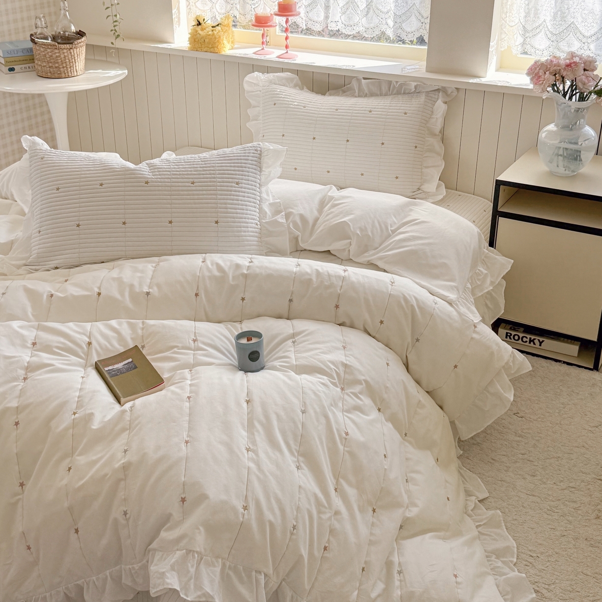 91家纺网 家纺一手货源 找家纺 琳可家居 2026新款双面60S全棉水洗棉刺绣床盖三件套可搭配同款夏被A类-星空间系列 星空间-暖白