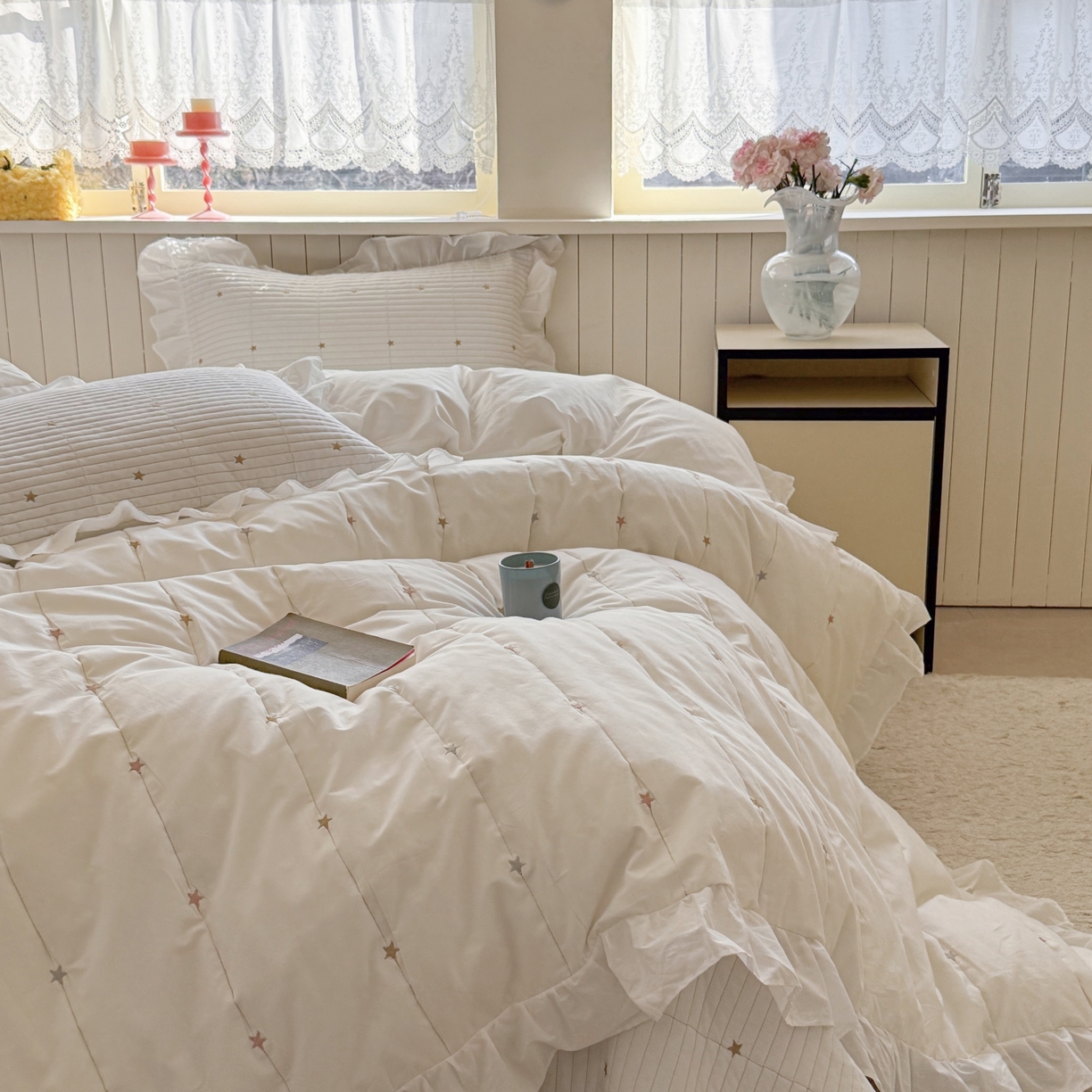 91家纺网 家纺一手货源 找家纺 琳可家居 2026新款双面60S全棉水洗棉刺绣床盖三件套可搭配同款夏被A类-星空间系列 星空间-暖白