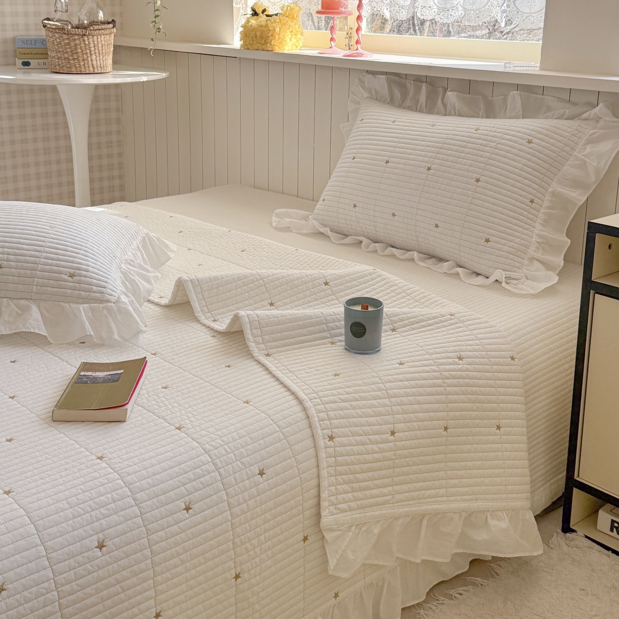 91家纺网 家纺一手货源 找家纺 琳可家居 2026新款双面60S全棉水洗棉刺绣床盖三件套可搭配同款夏被A类-星空间系列 星空间-暖白