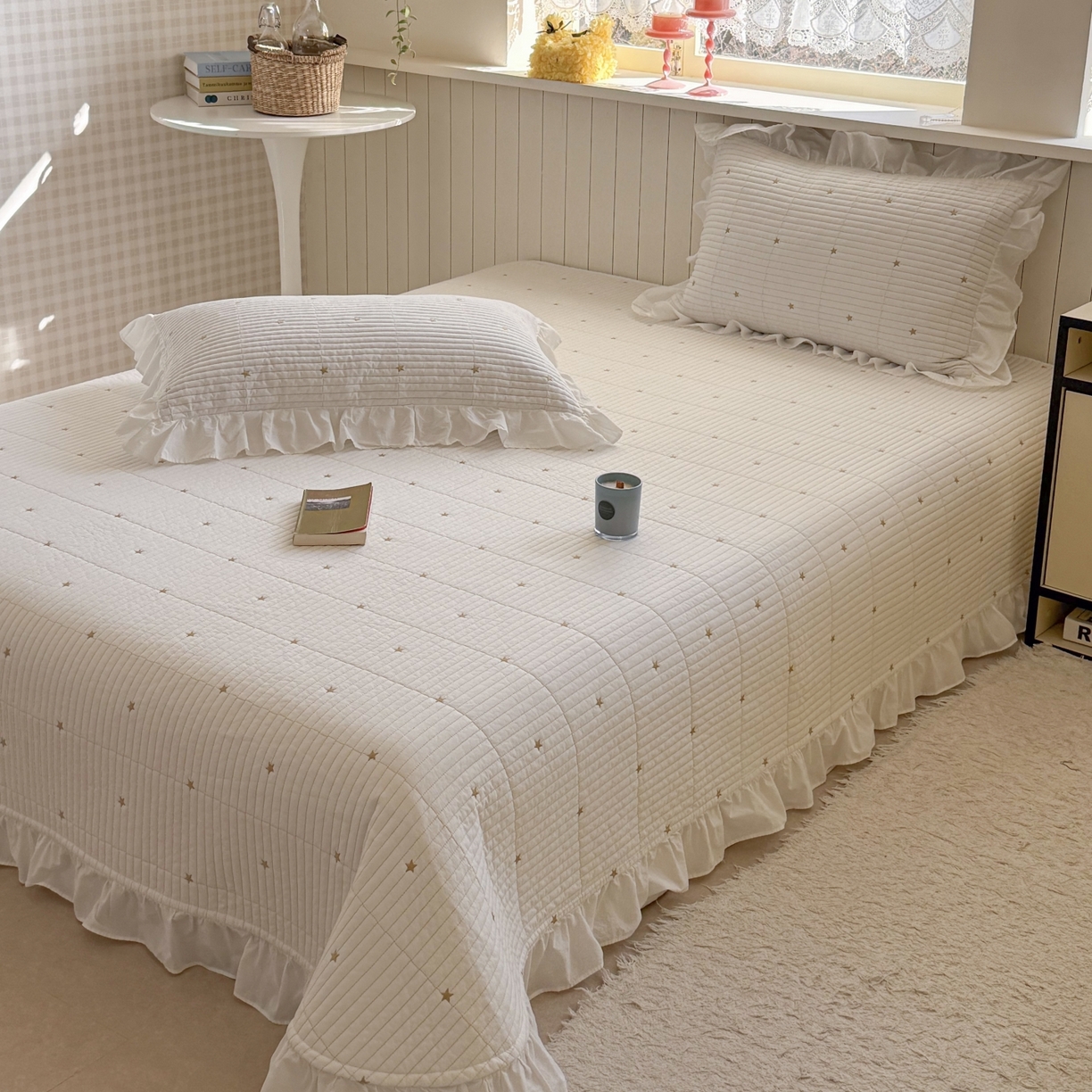 91家纺网 家纺一手货源 找家纺 琳可家居 2026新款双面60S全棉水洗棉刺绣床盖三件套可搭配同款夏被A类-星空间系列 星空间-暖白