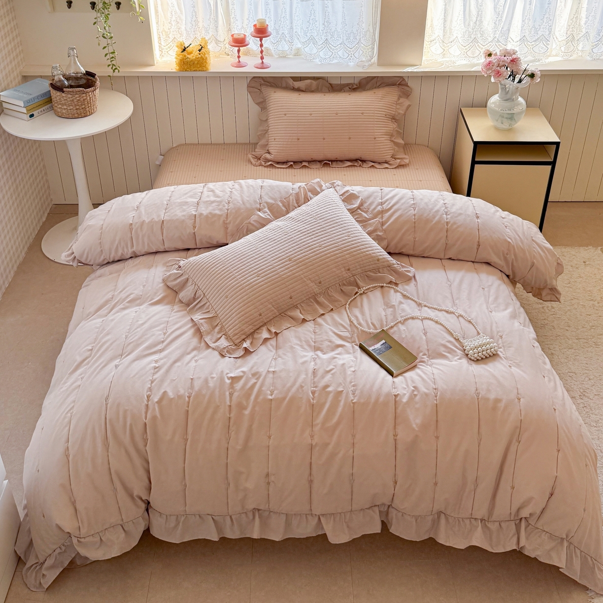 91家纺网 家纺一手货源 找家纺 琳可家居 2026新款双面60S全棉水洗棉刺绣床盖三件套可搭配同款夏被A类-星空间系列 星空间-浅咖