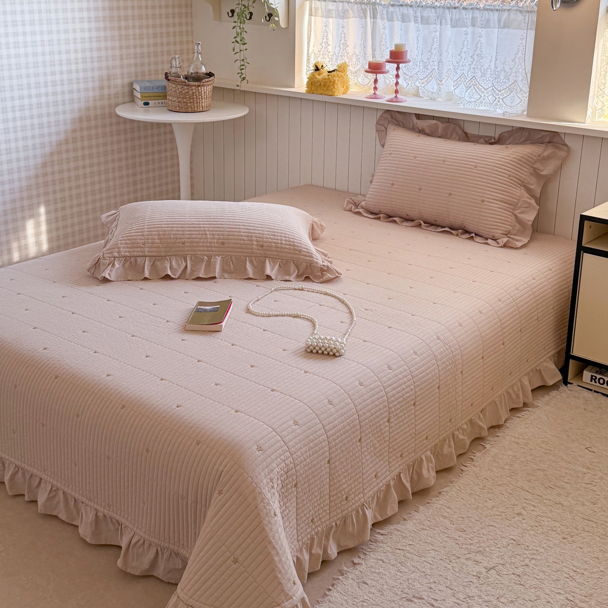 91家纺网 家纺一手货源 找家纺 琳可家居 2026新款双面60S全棉水洗棉刺绣床盖三件套可搭配同款夏被A类-星空间系列 星空间-浅咖